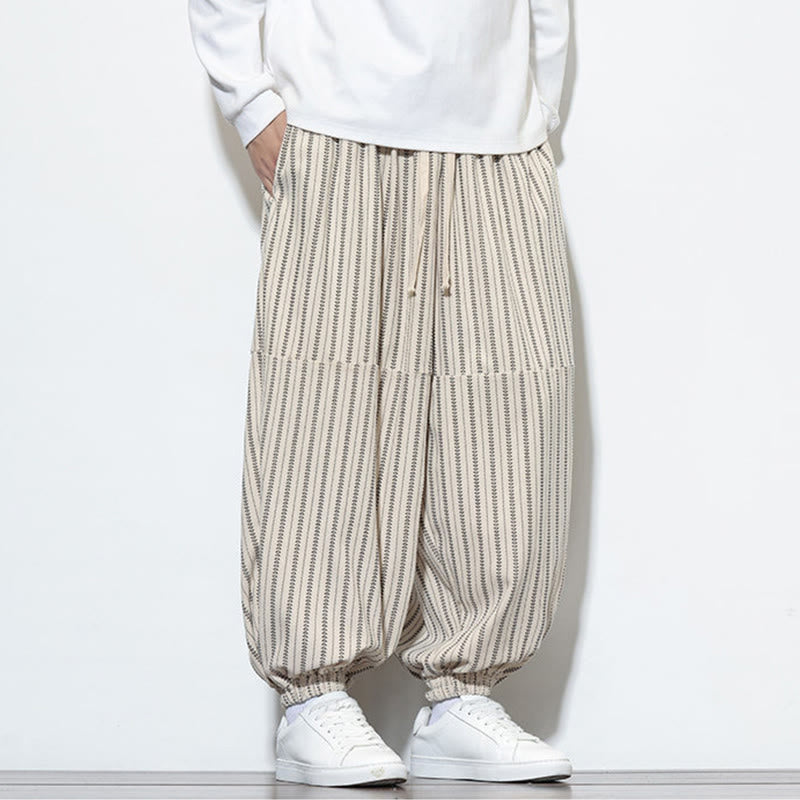 Buddha Stones Fall Striped Pattern Drawstring Men's Harem Corduroy Pants With Pockets