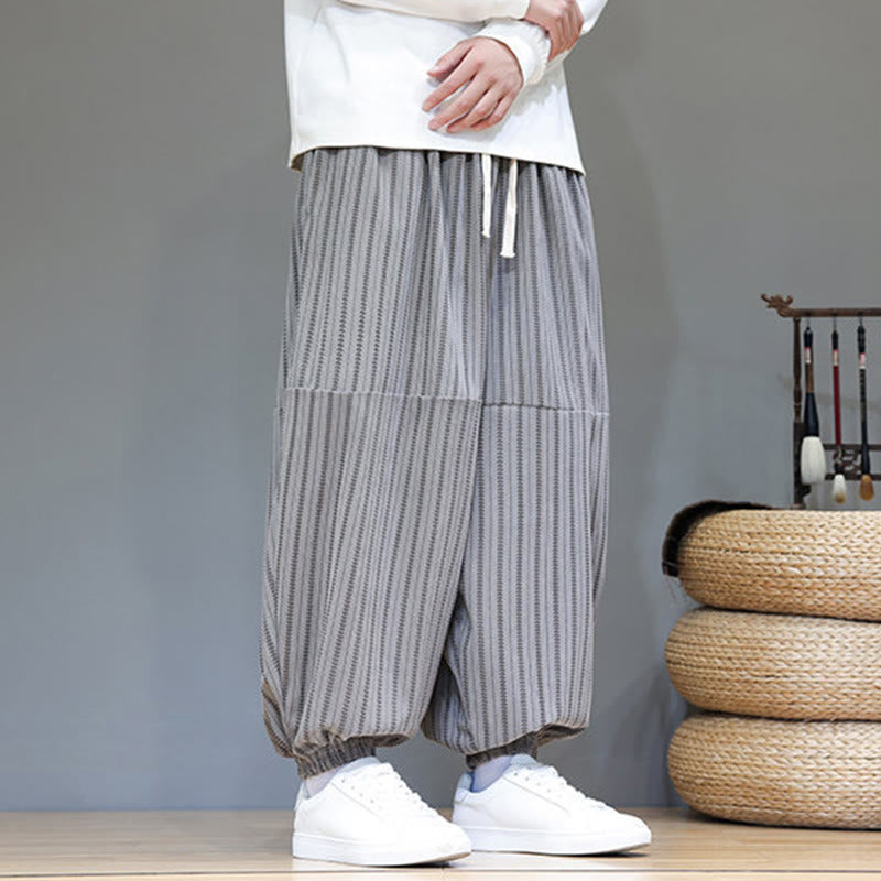 Buddha Stones Fall Striped Pattern Drawstring Men's Harem Corduroy Pants With Pockets