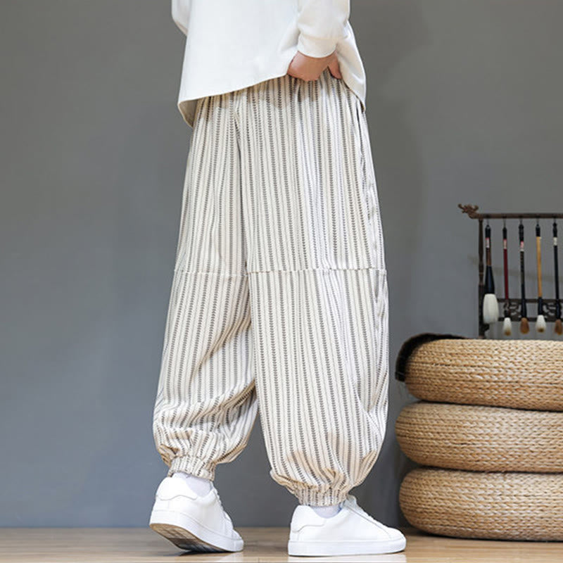 Buddha Stones Fall Striped Pattern Drawstring Men's Harem Corduroy Pants With Pockets