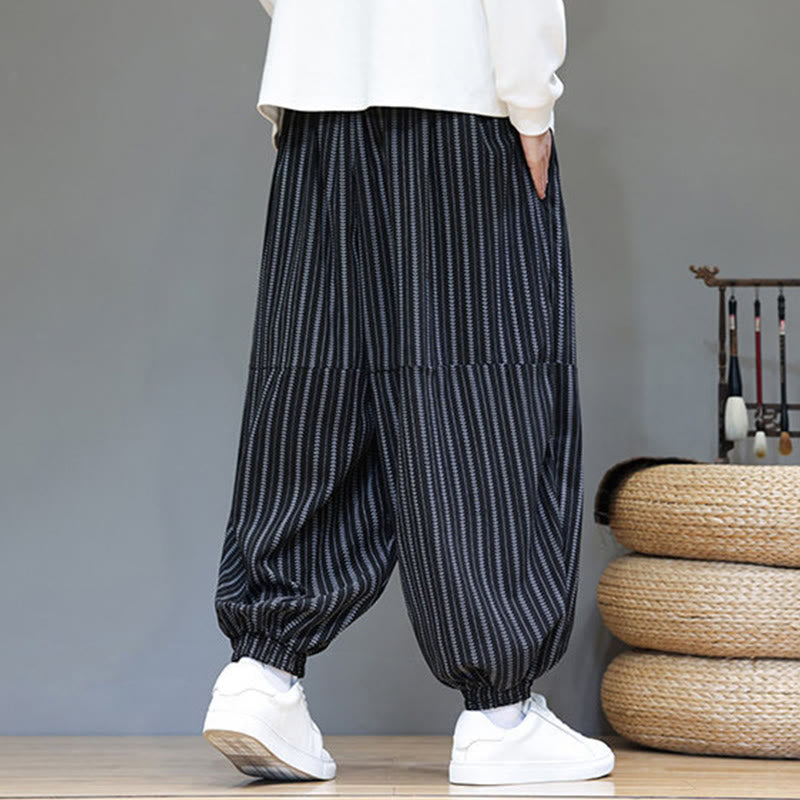 Buddha Stones Fall Striped Pattern Drawstring Men's Harem Corduroy Pants With Pockets