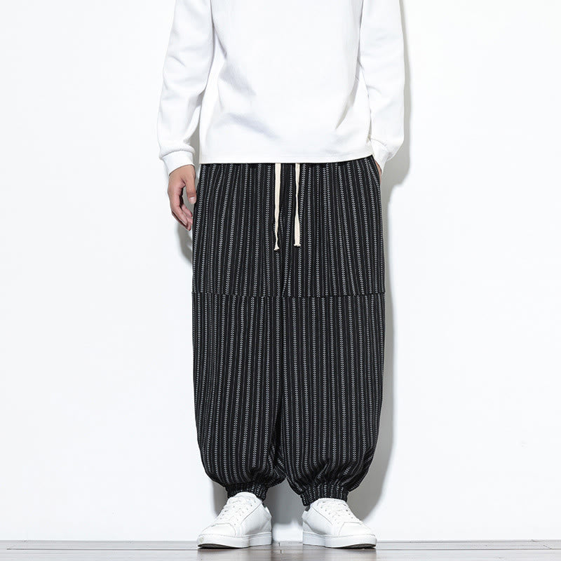 Buddha Stones Fall Striped Pattern Drawstring Men's Harem Corduroy Pants With Pockets