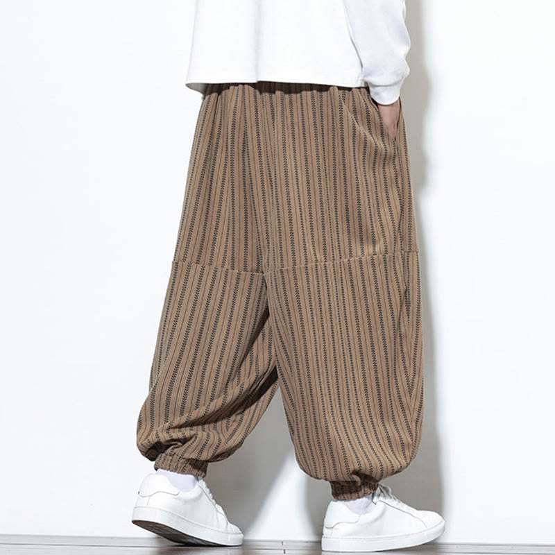 Buddha Stones Fall Striped Pattern Drawstring Men's Harem Corduroy Pants With Pockets