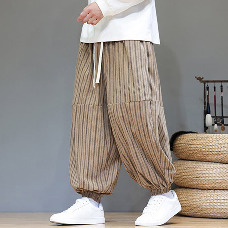 Buddha Stones Fall Striped Pattern Drawstring Men's Harem Corduroy Pants With Pockets