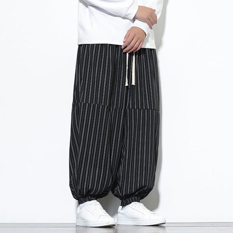 Buddha Stones Fall Striped Pattern Drawstring Men's Harem Corduroy Pants With Pockets