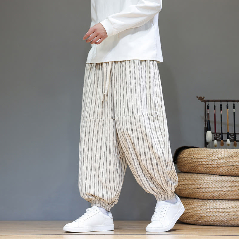 Buddha Stones Fall Striped Pattern Drawstring Men's Harem Corduroy Pants With Pockets