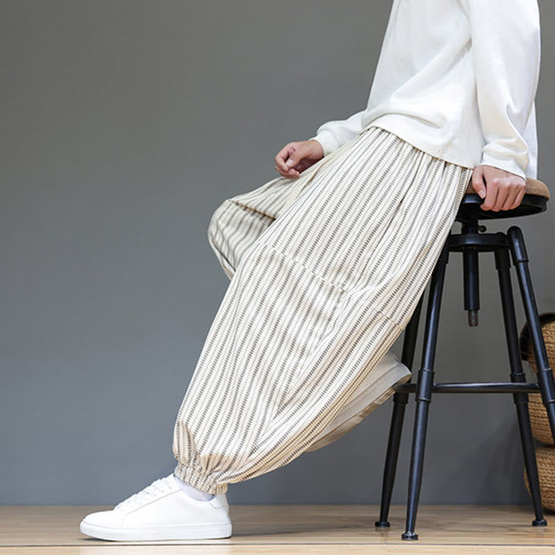 Buddha Stones Fall Striped Pattern Drawstring Men's Harem Corduroy Pants With Pockets