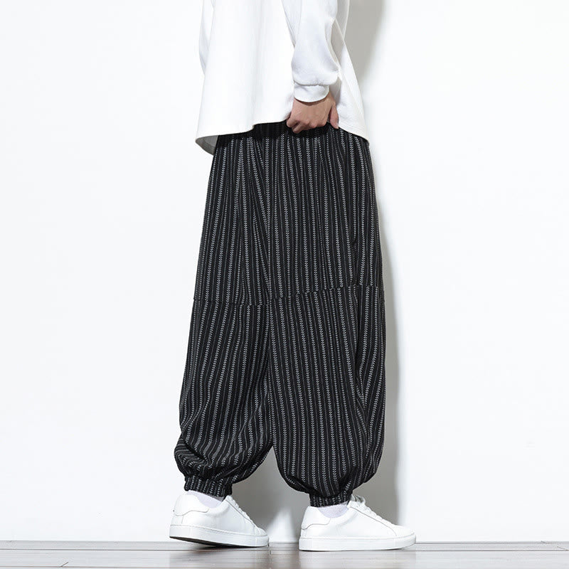 Buddha Stones Fall Striped Pattern Drawstring Men's Harem Corduroy Pants With Pockets