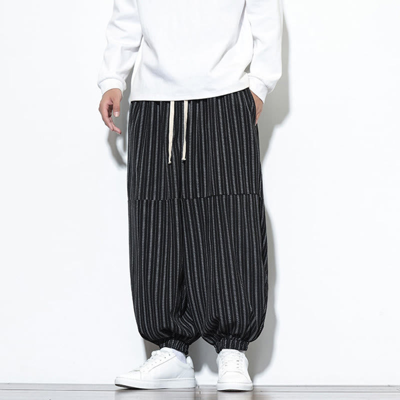 Buddha Stones Fall Striped Pattern Drawstring Men's Harem Corduroy Pants With Pockets