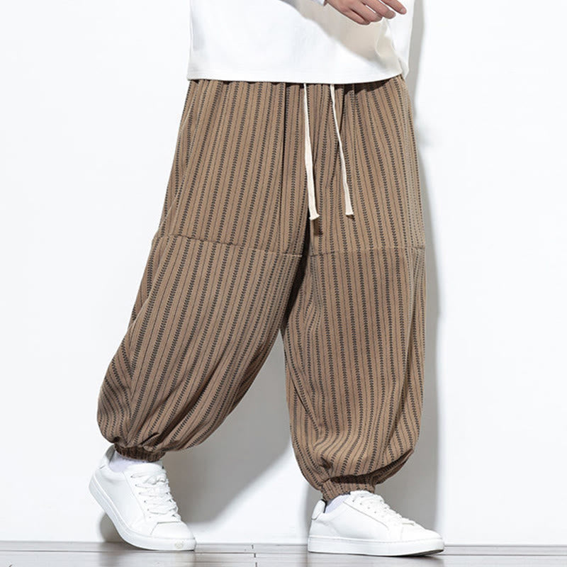 Buddha Stones Fall Striped Pattern Drawstring Men's Harem Corduroy Pants With Pockets