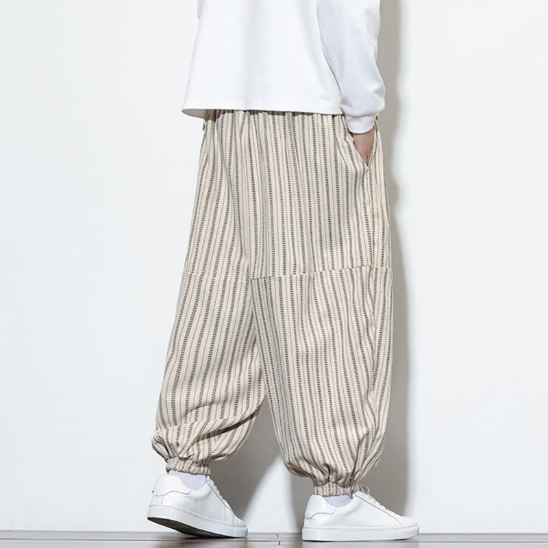 Buddha Stones Fall Striped Pattern Drawstring Men's Harem Corduroy Pants With Pockets