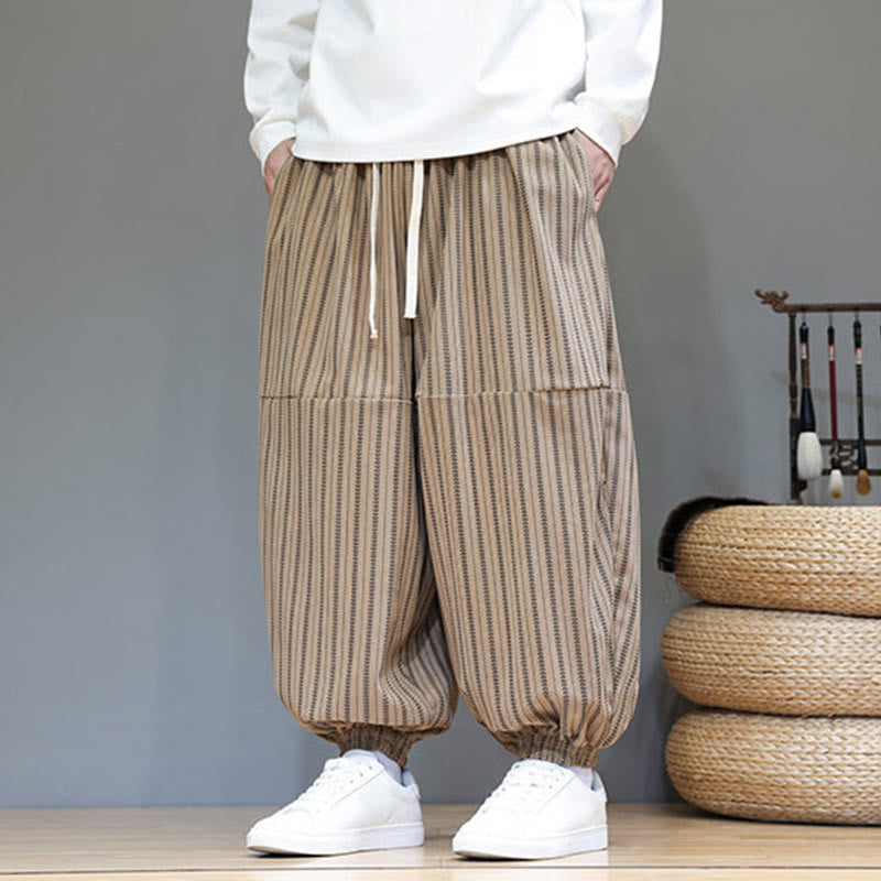 Buddha Stones Fall Striped Pattern Drawstring Men's Harem Corduroy Pants With Pockets