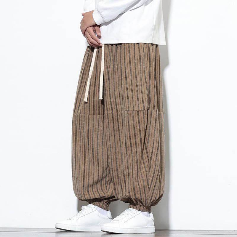 Buddha Stones Fall Striped Pattern Drawstring Men's Harem Corduroy Pants With Pockets