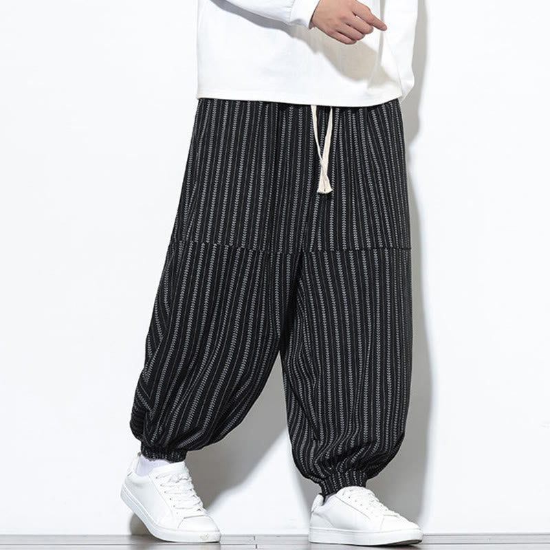 Buddha Stones Fall Striped Pattern Drawstring Men's Harem Corduroy Pants With Pockets