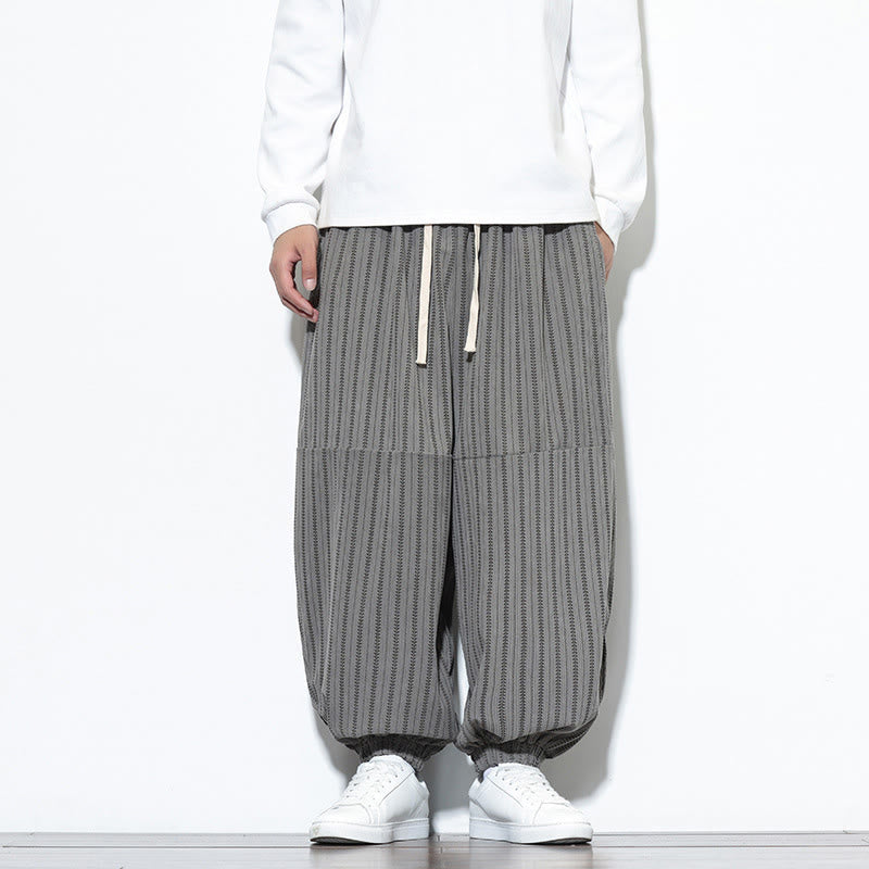 Buddha Stones Fall Striped Pattern Drawstring Men's Harem Corduroy Pants With Pockets