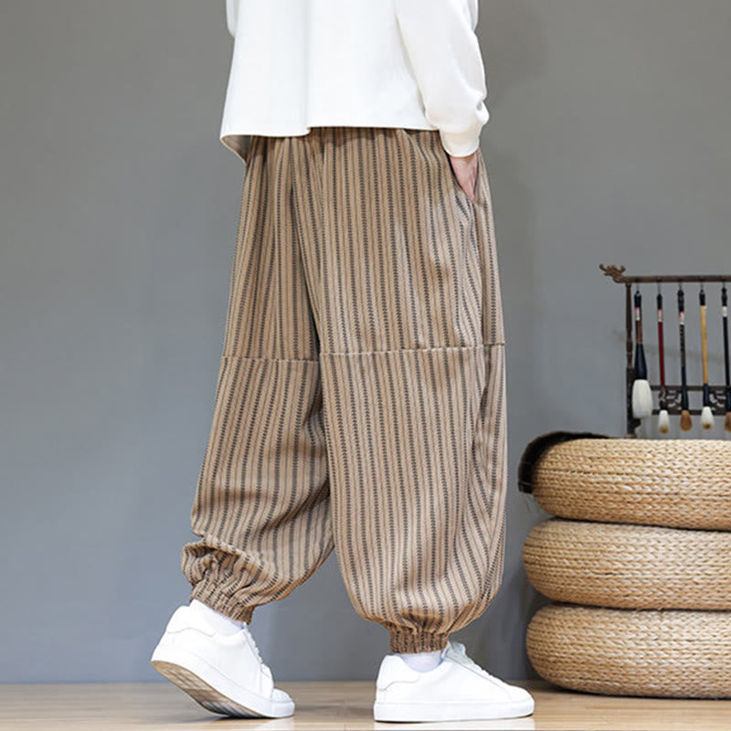 Buddha Stones Fall Striped Pattern Drawstring Men's Harem Corduroy Pants With Pockets
