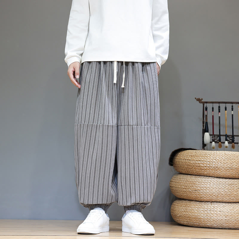 Buddha Stones Fall Striped Pattern Drawstring Men's Harem Corduroy Pants With Pockets