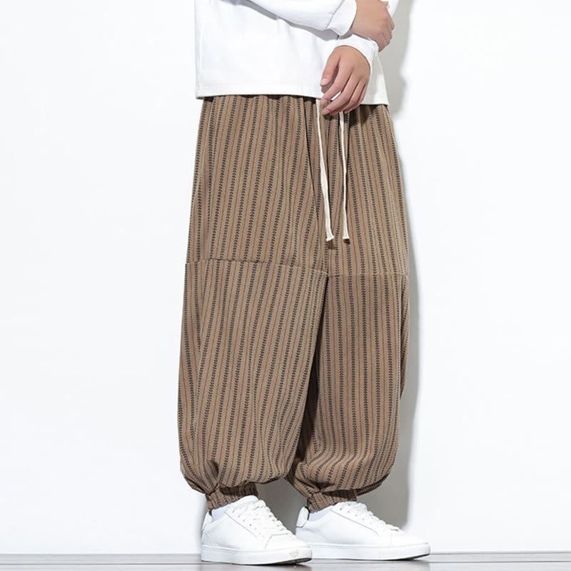 Buddha Stones Fall Striped Pattern Drawstring Men's Harem Corduroy Pants With Pockets