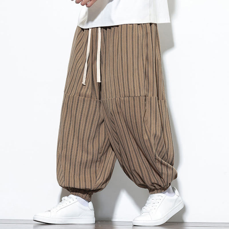 Buddha Stones Fall Striped Pattern Drawstring Men's Harem Corduroy Pants With Pockets