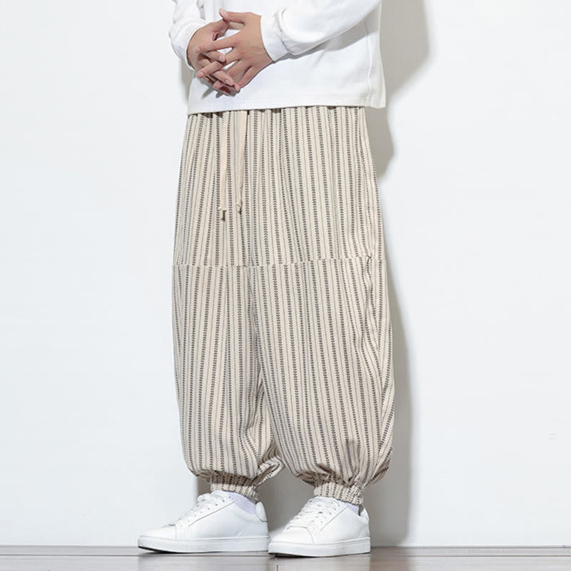Buddha Stones Fall Striped Pattern Drawstring Men's Harem Corduroy Pants With Pockets