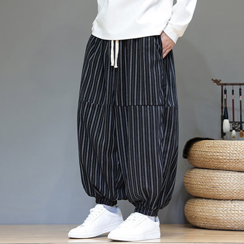 Buddha Stones Fall Striped Pattern Drawstring Men's Harem Corduroy Pants With Pockets