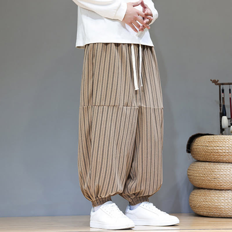 Buddha Stones Fall Striped Pattern Drawstring Men's Harem Corduroy Pants With Pockets