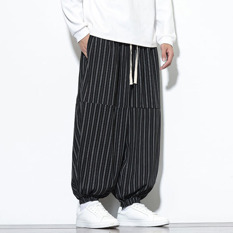 Buddha Stones Fall Striped Pattern Drawstring Men's Harem Corduroy Pants With Pockets