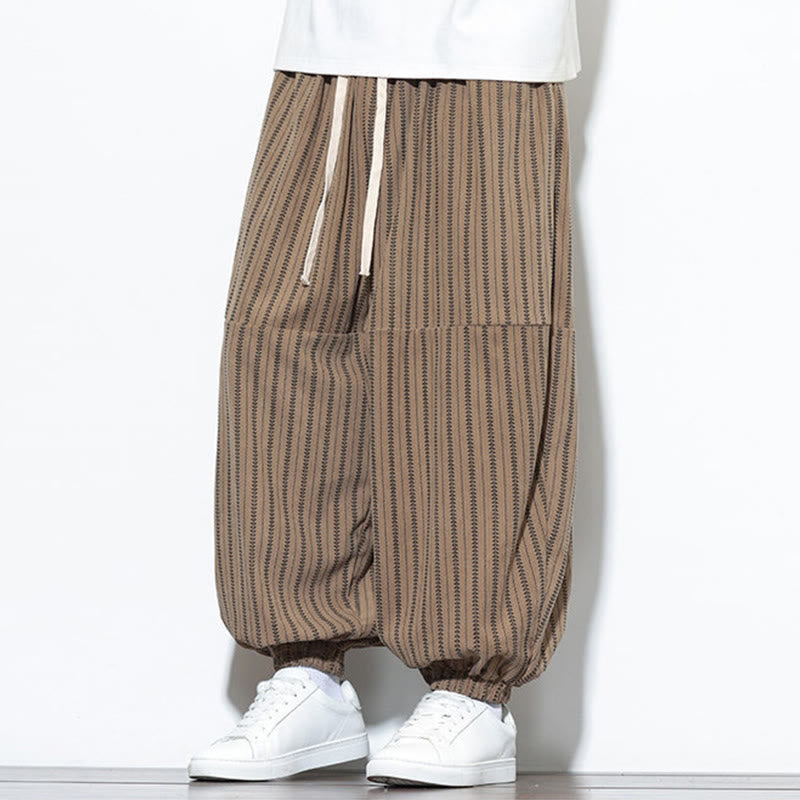 Buddha Stones Fall Striped Pattern Drawstring Men's Harem Corduroy Pants With Pockets