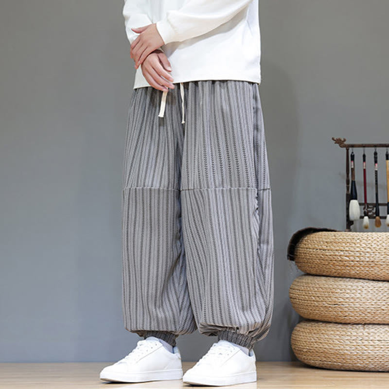 Buddha Stones Fall Striped Pattern Drawstring Men's Harem Corduroy Pants With Pockets