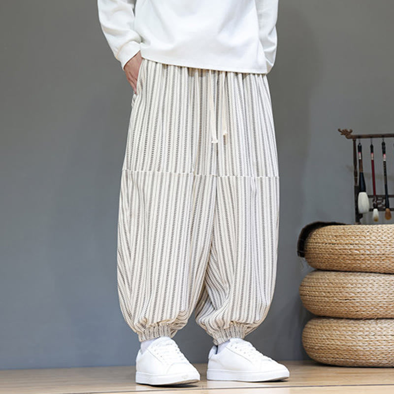 Buddha Stones Fall Striped Pattern Drawstring Men's Harem Corduroy Pants With Pockets