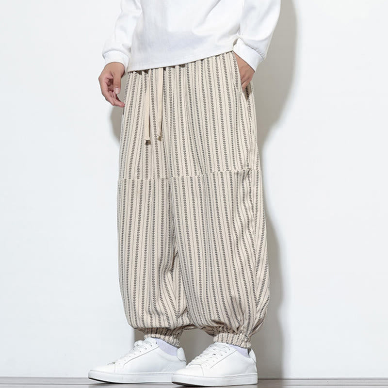 Buddha Stones Fall Striped Pattern Drawstring Men's Harem Corduroy Pants With Pockets