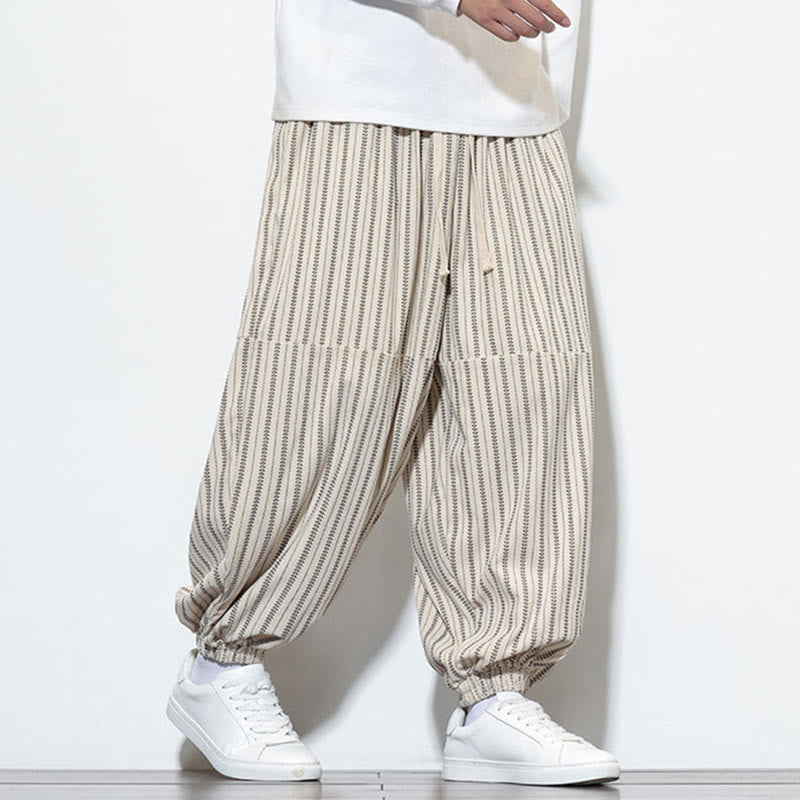 Buddha Stones Fall Striped Pattern Drawstring Men's Harem Corduroy Pants With Pockets