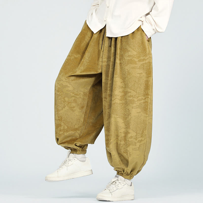 Buddha Stones Fall Plain Jacquard Design Drawstring Men's Harem Pants With Pockets