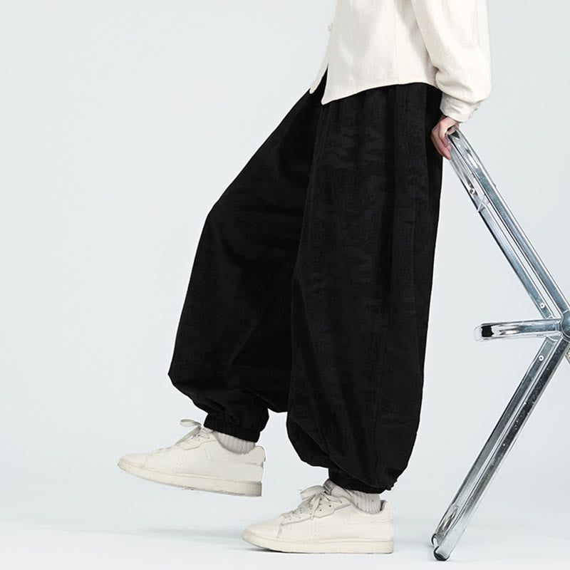 Buddha Stones Fall Plain Jacquard Design Drawstring Men's Harem Pants With Pockets