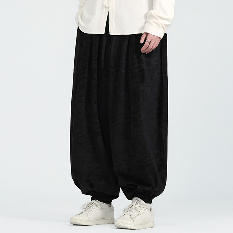 Buddha Stones Fall Plain Jacquard Design Drawstring Men's Harem Pants With Pockets