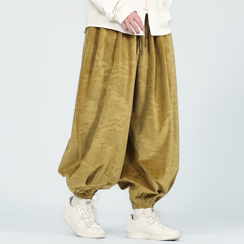 Buddha Stones Fall Plain Jacquard Design Drawstring Men's Harem Pants With Pockets