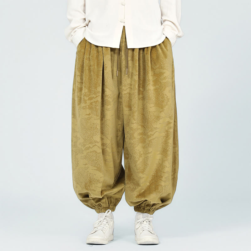 Buddha Stones Fall Plain Jacquard Design Drawstring Men's Harem Pants With Pockets