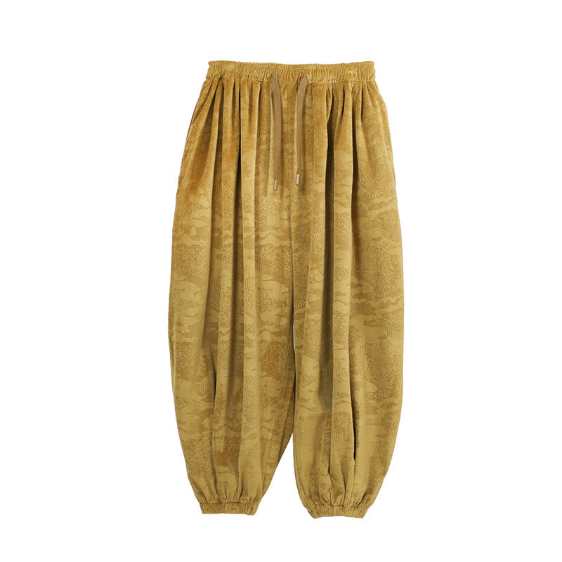 Buddha Stones Fall Plain Jacquard Design Drawstring Men's Harem Pants With Pockets