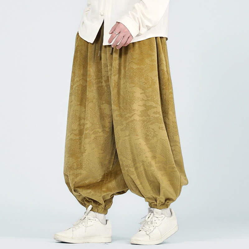 Buddha Stones Fall Plain Jacquard Design Drawstring Men's Harem Pants With Pockets