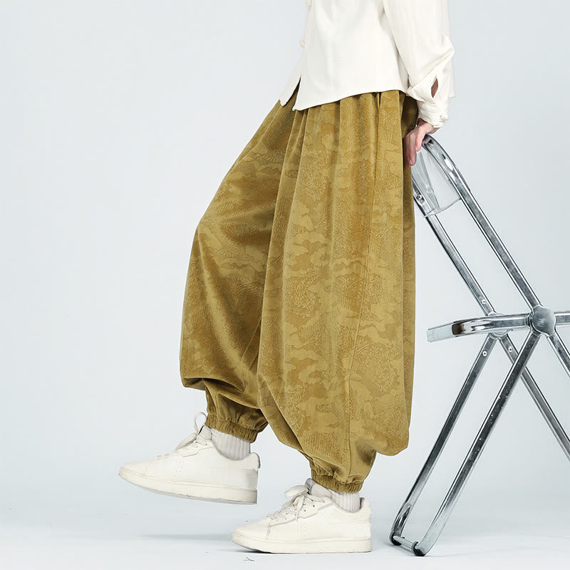 Buddha Stones Fall Plain Jacquard Design Drawstring Men's Harem Pants With Pockets
