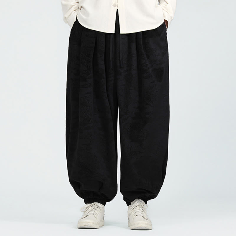 Buddha Stones Fall Plain Jacquard Design Drawstring Men's Harem Pants With Pockets