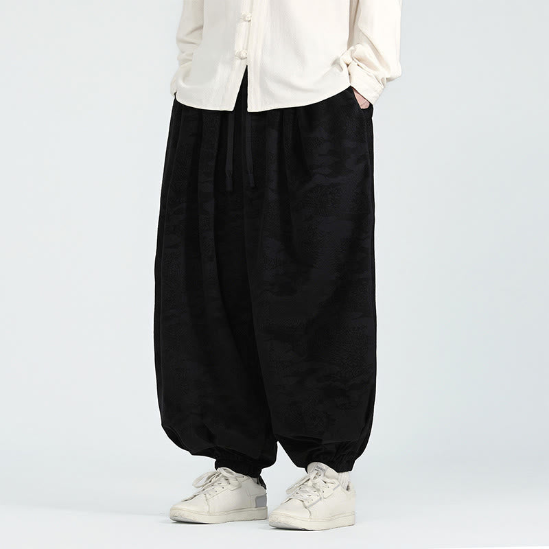Buddha Stones Fall Plain Jacquard Design Drawstring Men's Harem Pants With Pockets