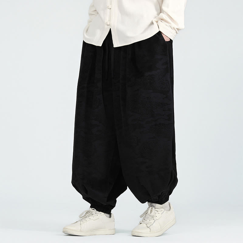 Buddha Stones Fall Plain Jacquard Design Drawstring Men's Harem Pants With Pockets