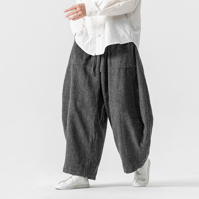 Buddha Stones Daily Solid Color Drawstring Design Men's Wide Leg Cotton Pants With Pockets