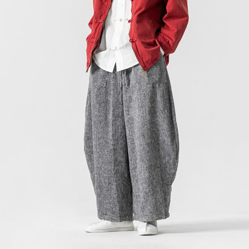Buddha Stones Daily Solid Color Drawstring Design Men's Wide Leg Cotton Pants With Pockets
