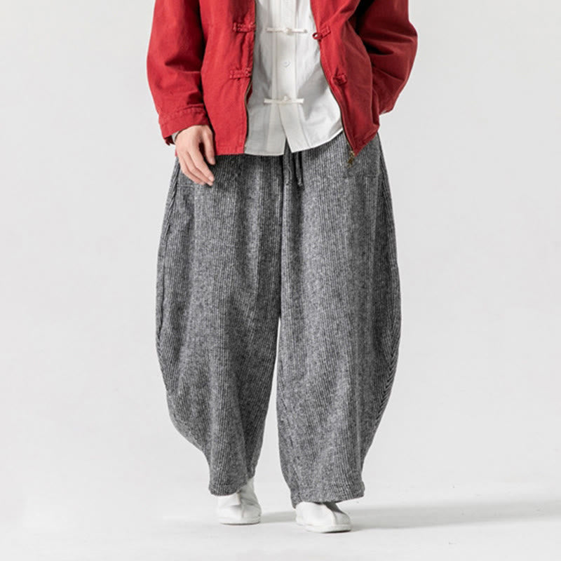 Buddha Stones Daily Solid Color Drawstring Design Men's Wide Leg Cotton Pants With Pockets
