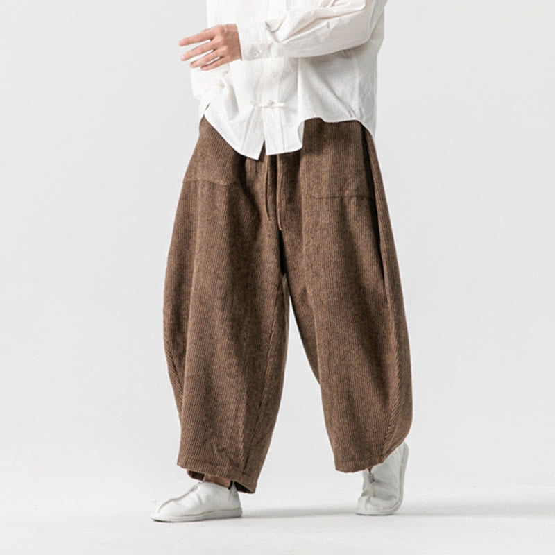 Buddha Stones Daily Solid Color Drawstring Design Men's Wide Leg Cotton Pants With Pockets