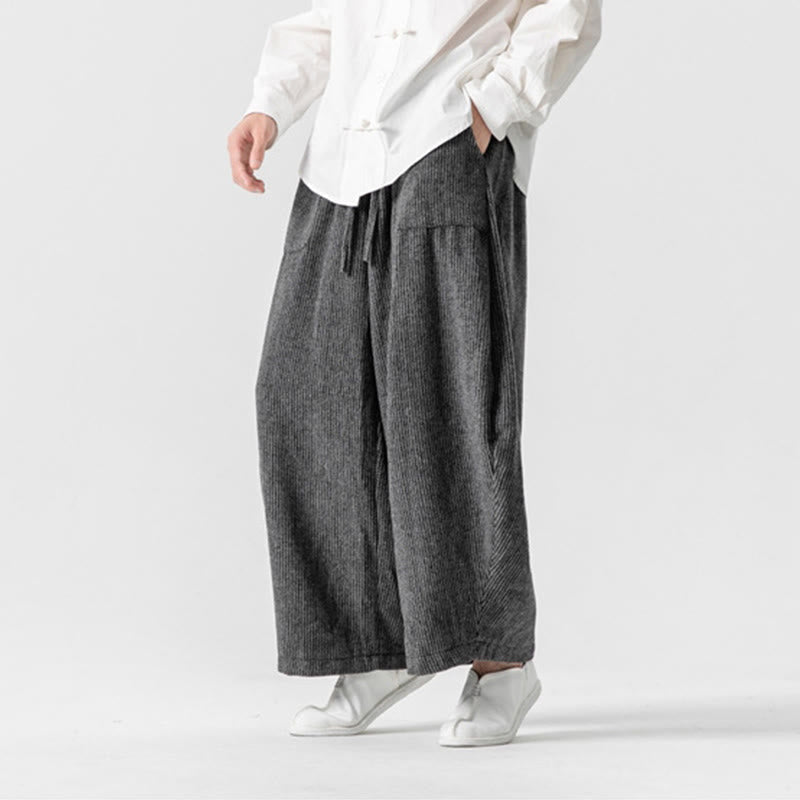 Buddha Stones Daily Solid Color Drawstring Design Men's Wide Leg Cotton Pants With Pockets