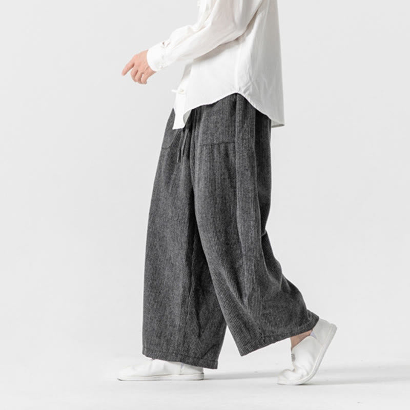 Buddha Stones Daily Solid Color Drawstring Design Men's Wide Leg Cotton Pants With Pockets
