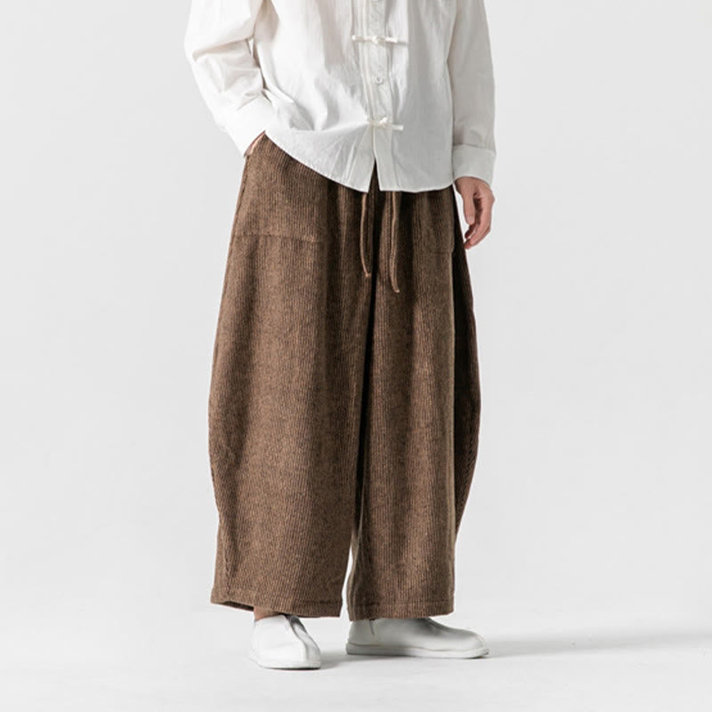 Buddha Stones Daily Solid Color Drawstring Design Men's Wide Leg Cotton Pants With Pockets