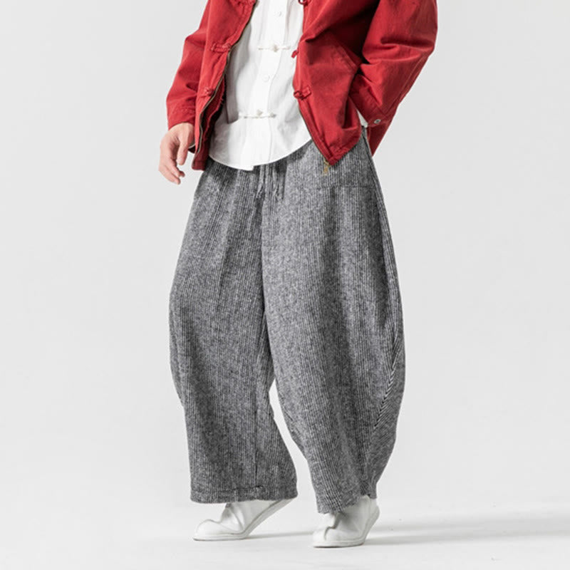 Buddha Stones Daily Solid Color Drawstring Design Men's Wide Leg Cotton Pants With Pockets